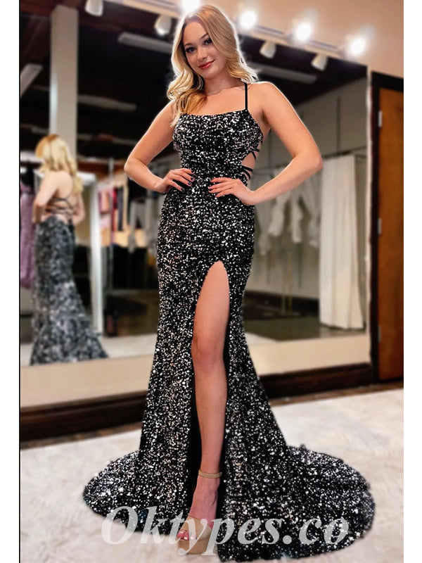 Sexy Black Sequin Spaghetti Straps Square Sleeveless Lace Up Back Mermaid Long Prom Dresses With Side Slit,PDS0610