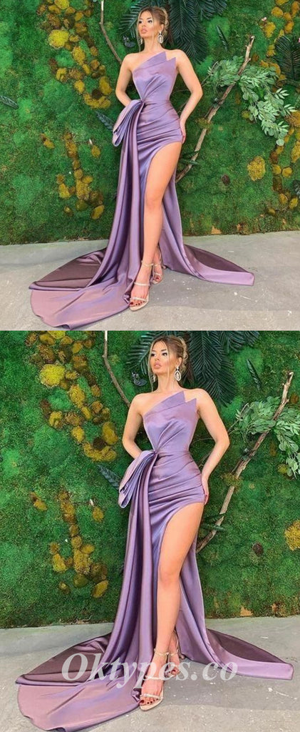 Sexy Purple Satin Sweetheart Sleeveless Side Slit Mermaid Long Prom Dresses With Trailing,PDS0544