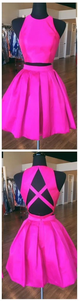 Sexy Open Back Hot Pink Two Piece Simple Cheap Homecoming Dresses 2018, CM490