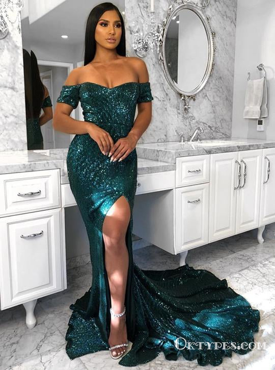 Green Off Shoulder Side Split Long Sequin Mermaid Prom Dresses, TYP1618