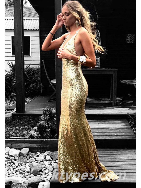 Sexy Sequin Spaghetti Straps V-Neck Open Back Mermaid Long Prom Dresses ,PDS0389