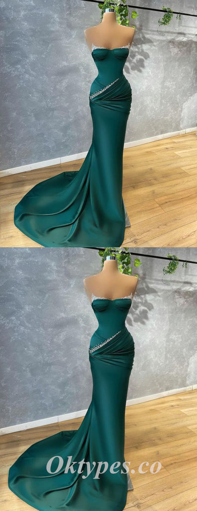 Sexy Dark Green Satin Off Shoulder Sleeveless Mermaid Long Prom Dresses,PDS0577