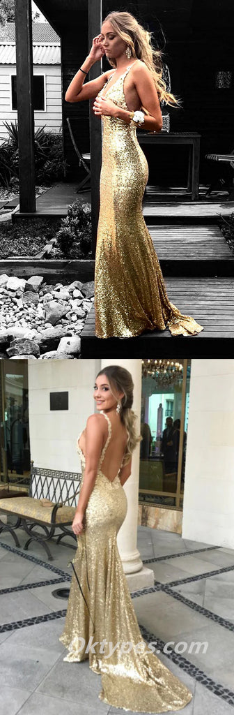 Sexy Sequin Spaghetti Straps V-Neck Open Back Mermaid Long Prom Dresses ,PDS0389