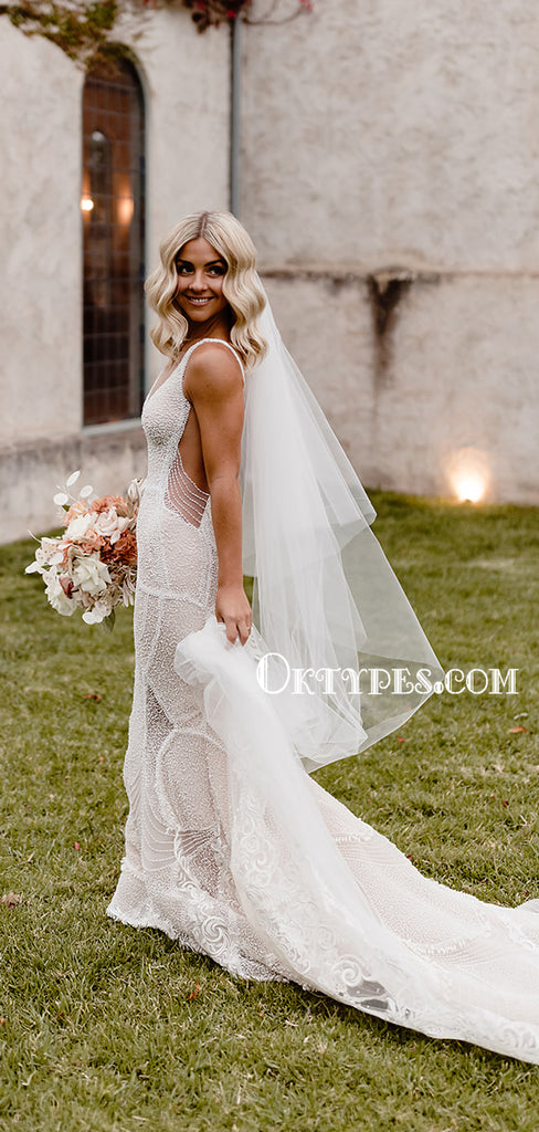 Charming V-neck Mermaid Lace Open Back Wedding Dresses, WDS0092