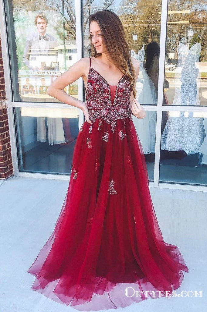 Spaghetti Straps Beading Tulle Burgundy Long Cheap Prom Dresses, TYP1896