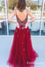 Spaghetti Straps Beading Tulle Burgundy Long Cheap Prom Dresses, TYP1896