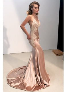 Sexy Backless Spaghetti Strap Prom Dresses, Mermaid Appliques Chapel Train Evening Dresses, TYP0245