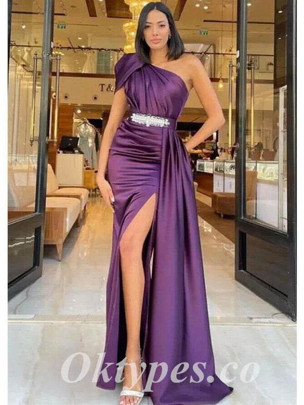 Elegant Satin One Shoulder Sleeveless Side Slit Mermaid Long Prom Dresses With Belt And Trailing, PDS0910