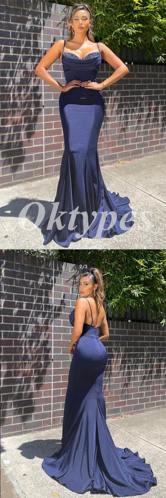 Elegant Satin Spaghetti Straps V-Neck Mermaid Long Prom Dresses With Rhinestone,PDS0795