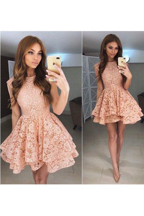 High Neck Peach Lace Cute Short Homecoming Dresses 2018, CM559