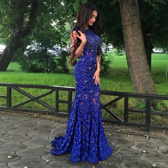 Royal Blue Lace Prom Dresses, Long Prom Dresses, Lace Formal Dresses,Open-back Beading Evening Dresses, TYP0056