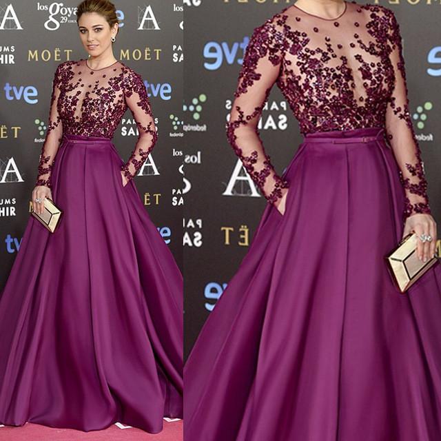 Purple Carpet Inspired Plum See Through Beaded Sexy Long Sleeve A-line Satin Prom Dresses, TYP0030