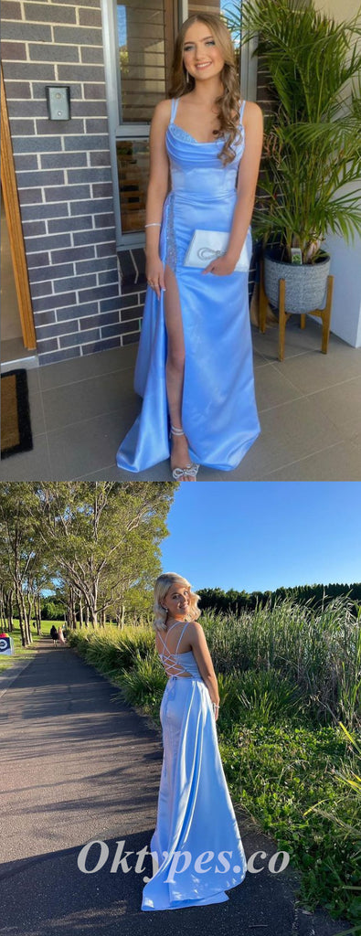 Sexy Blue Satin Spaghetti Straps Sleeveless Side Slit Mermaid Long Prom Dresses,PDS0647