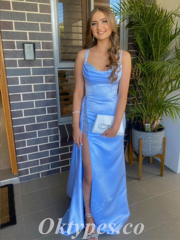 Sexy Blue Satin Spaghetti Straps Sleeveless Side Slit Mermaid Long Prom Dresses,PDS0647