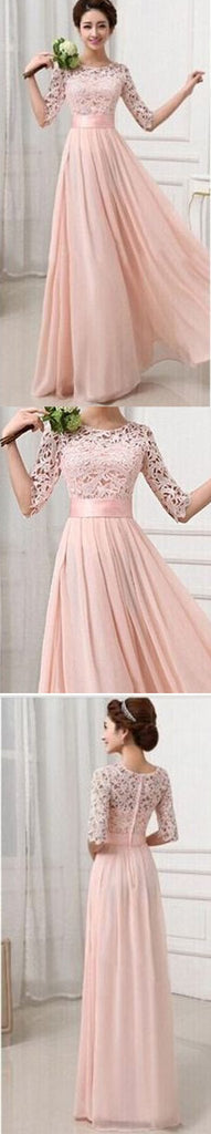 Most Popular Junior Half Sleeve Top Seen-Through Lace Prom Dress Blush Pink Long Bridesmaid Dresses, TYP0115