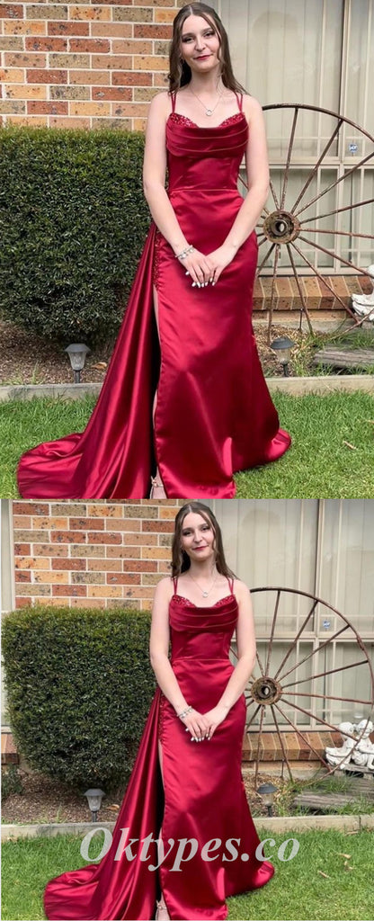 Sexy Burgandy Satin Spaghetti Straps Sleeveless Side Slit Mermaid Long Prom Dresses,PDS0648