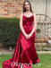 Sexy Burgandy Satin Spaghetti Straps Sleeveless Side Slit Mermaid Long Prom Dresses,PDS0648