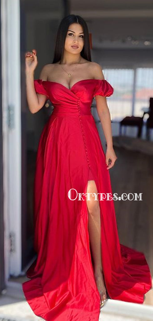 Sexy Off-shoulder A-line Side Slit Long Prom Dresses, PDS0179