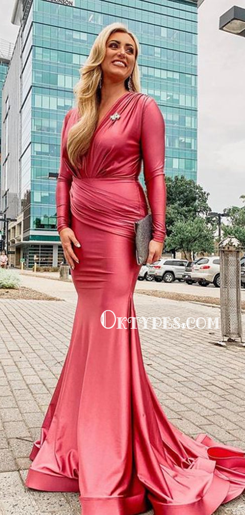 Elegant V-neck Mermaid Long Sleeve Simple Long Prom Dresses Online, PDS0203