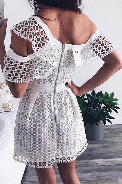 Unique Classy One Shoulder White Short Lace Homecoming Dresses, TYP2023