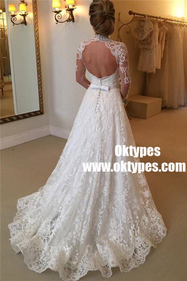 Sexy Long Sleeve High Neckline Open-back Lace  Wedding Dresses, TYP0840