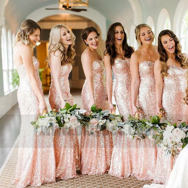 Rose Gold Sequin Mermaid Custom Long Bridesmaid Dresses, TYP0795