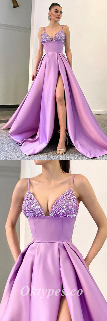 Sexy Sequin And Satin Spaghetti Straps V-Neck Side Slit A-Line Long Prom Dresses/Evening Dresses ,PDS0475