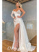 Sexy White Satin One Shoulder Long Sleeve V-Neck Side Slit Mermaid Long Prom Dresses,PDS0797