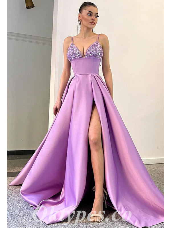 Sexy Sequin And Satin Spaghetti Straps V-Neck Side Slit A-Line Long Prom Dresses/Evening Dresses ,PDS0475