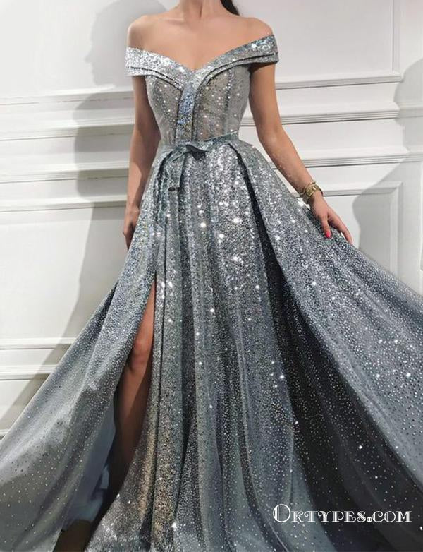 Off The Shoulder Gray Long Split Front Evening Party Prom Dresses, TYP1747