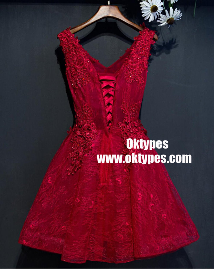 Two Straps Red Lace Heavily Beaded Homecoming Prom Dresses, TYP0902