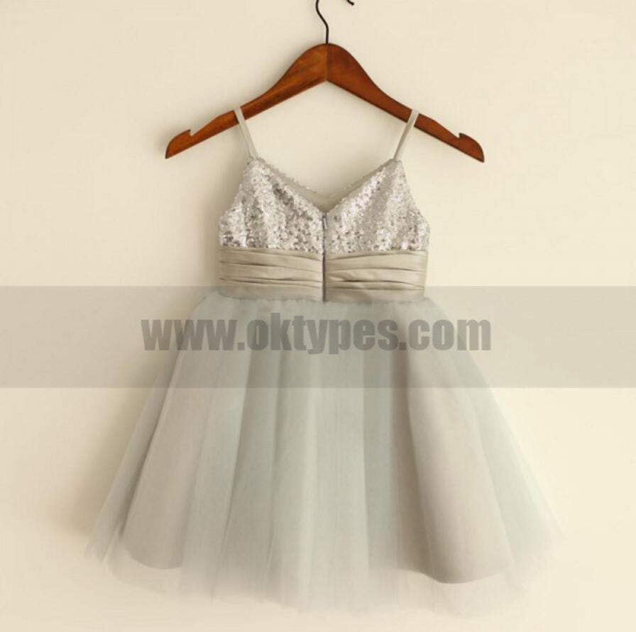 Sparkly Spaghetti Strap V- Neck Light Gray Tulle Flower Girl Dresses With Handmade Flower Sash, TYP0809