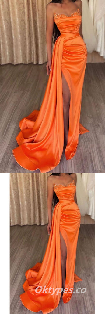 Sexy Satin Sweetheart Sleeveless Side Slit Mermaid Long Prom Dresses,PDS0442