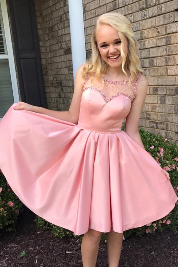 Pink Illusion Cute Pink Short Cheap Homecoming Dresses Online, CM562