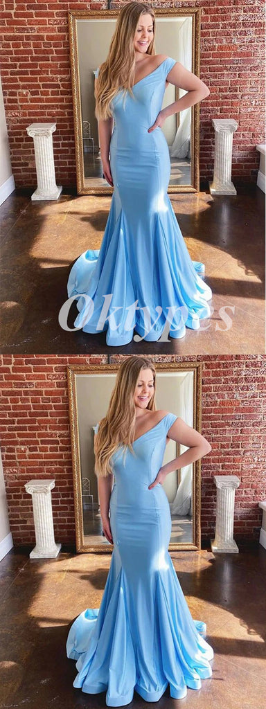 Sexy Satin Spaghetti Srtraps V-Neck Sleeveless Mermaid Long Prom Dresses, PDS0897