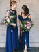 Mismatched Cold Shoulder Navy Blue Chiffon Bridesmaid Dresses with Ruffles, TYP1840