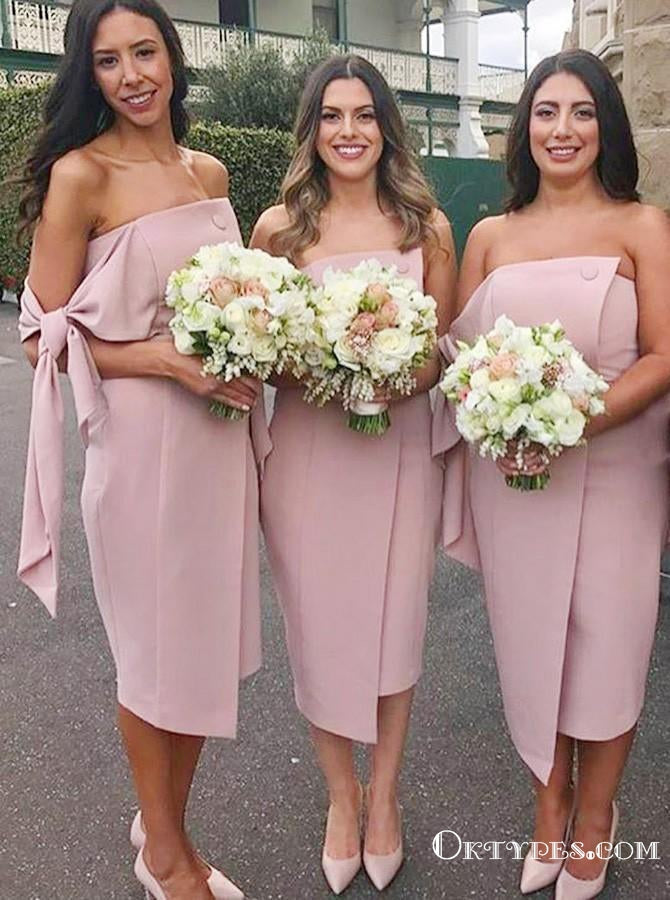 Sheath Strapless Knee Length Blush Pink Satin Bridesmaid Dresses, TYP1975