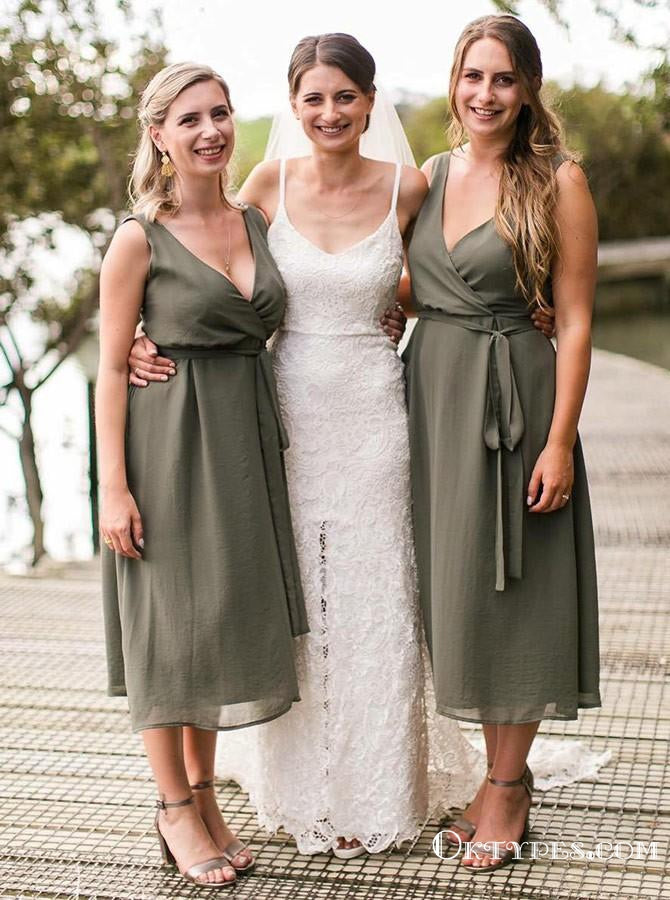 A-Line V-Neck Tea-Length Green Chiffon Bridesmaid Dresses with Sash, TYP1971