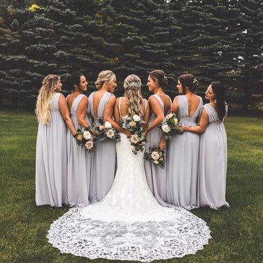 A-Line V-neck Backless Long Cheap Light Grey Chiffon Bridesmaid Dresses with Split, TYP1366