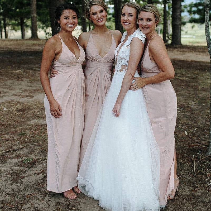 A-Line Spaghetti Straps Blush Pink Long Bridesmaid Dresses with Split, TYP1553