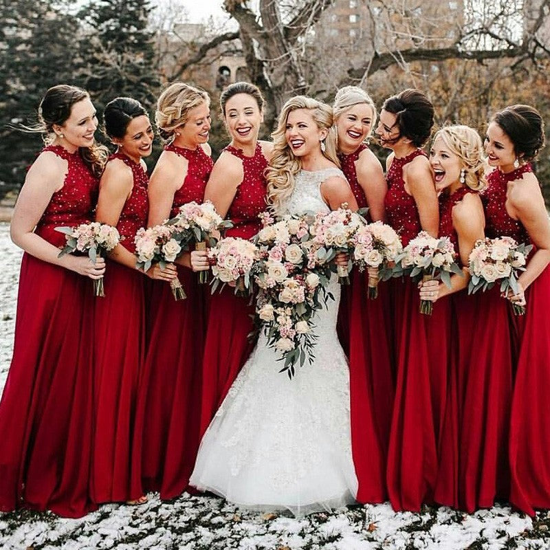 A-Line Halter Long Red Bridesmaid Dresses with Appliques Sequins, TYP1556