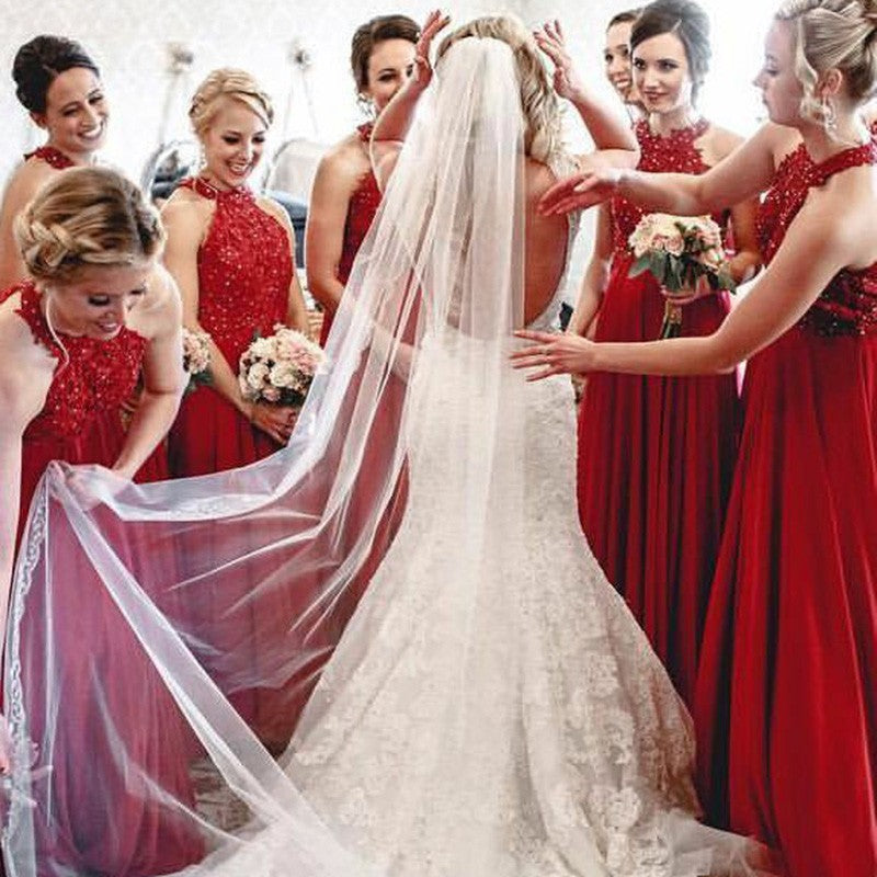 A-Line Halter Long Red Bridesmaid Dresses with Appliques Sequins, TYP1556