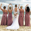 Mismatched V-Neck Long Dusty Pink Chiffon Bridesmaid Dresses with Pleats, TYP1535