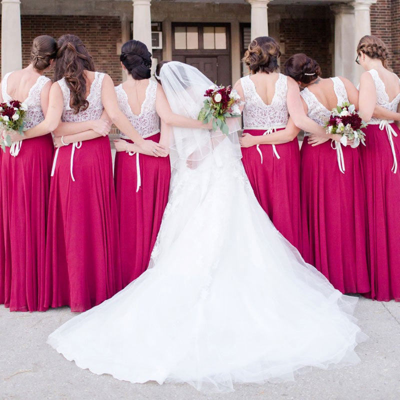 A-Line V-Neck Long Cheap Fuchsia Bridesmaid Dresses with Lace, TYP1539