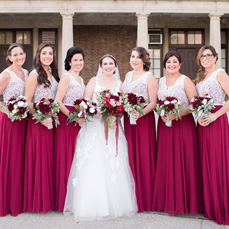 A-Line V-Neck Long Cheap Fuchsia Bridesmaid Dresses with Lace, TYP1539