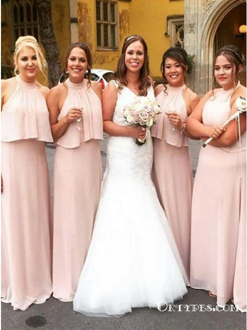 A-Line Halter Backless Long Cheap Pink Chiffon Bridesmaid Dresses, TYP1872