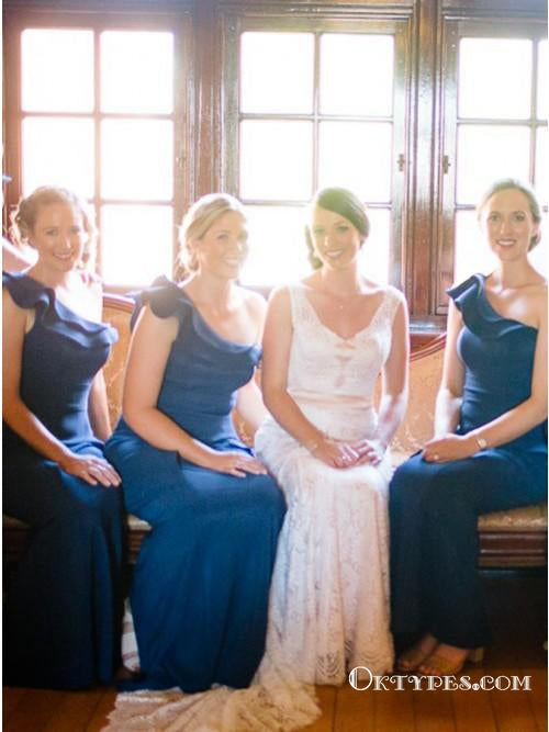 Mermaid One Shoulder Royal Blue Bridesmaid Dresses with Ruffles, TYP1771