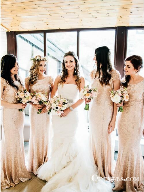 Mermaid Round Neck Rose Gold Sequined Bridesmaid Dresses with Beaded, TYP1772