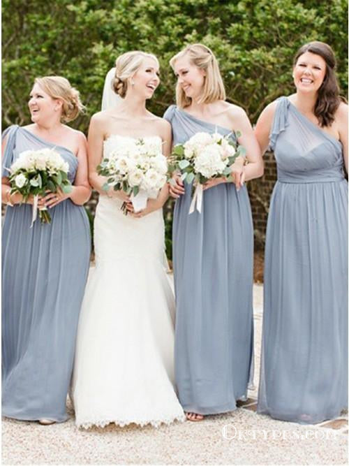 A-Line One Shoulder Grey Chiffon Bridesmaid Dresses with Ruffles, TYP1773