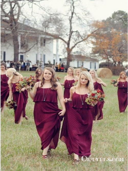 A-Line Spaghetti Strap Pleated Burgundy Chiffon Bridesmaid Dresses, TYP1860